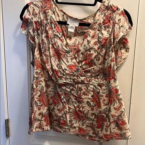 LOFT Red and Brown Ruched Blouse with Flutter Sleeves